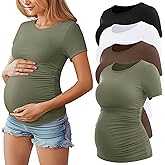 Huukeay 4 Pack Women's Maternity Shirts, Crew Neck Maternity Top Short Sleeve Casual Cotton Tee Side Ruched Pregnancy Clothes