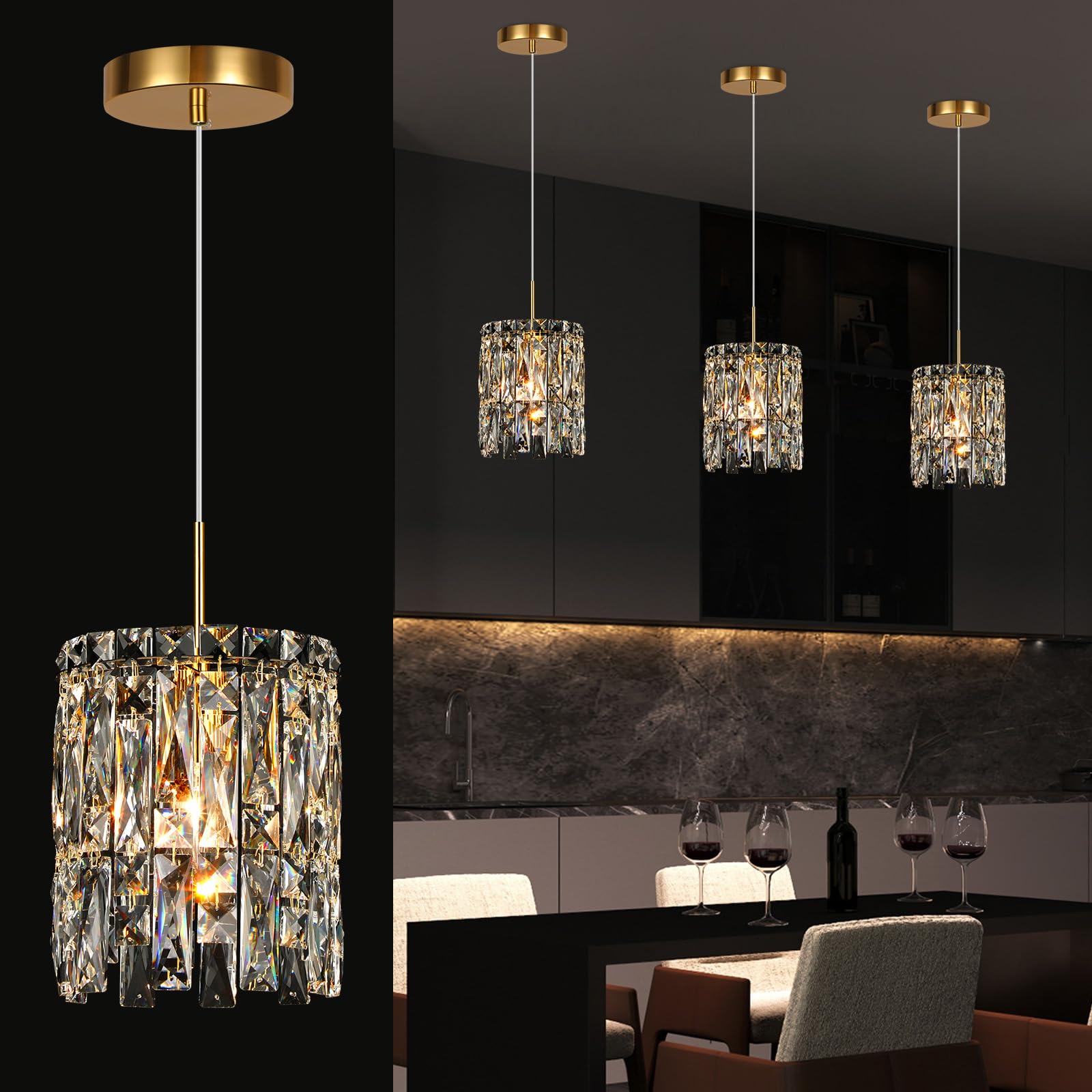 Photo 1 of NISIDUN Modern K9 Crystal Pendant Lights Kitchen Island,1 Lighting Gold Chandeliers for Dining Room Light Fixtures Over Table,Hanging Chandelier for Kitchen Island Entryway Bathroom BedHead Light