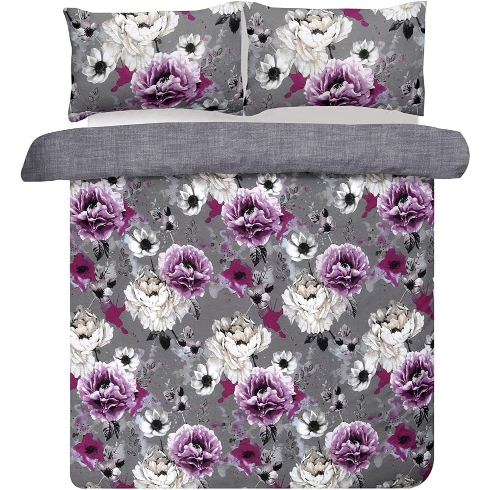 Sleepdown Duvet Cover Set - Grey - Inky Floral – Plain Reversible Quilt Cover Easy Care Bed Linen Soft Cosy Bedding Sets with Pillowcases - Double (200cm x 200cm)