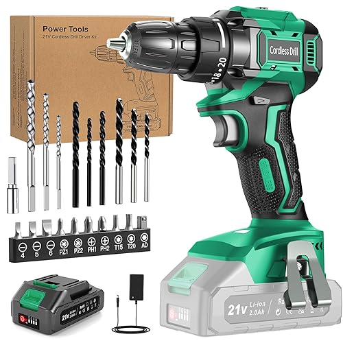 Cordless Drill Brushless, FEBOGER Electric Drills Set 21V with 2000mAh Battery, Power Drill 45N.m Max, 20+1 Torque, 2 Speed, LED Light, 20pcs Drills Set for Home, Garden DIY, Green