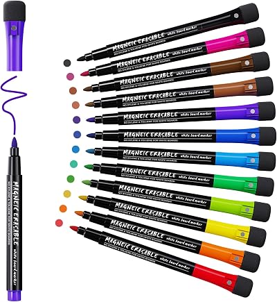 ANYUKE Whiteboard Pens 12 Magnetic Markers with Eraser Fine Tip