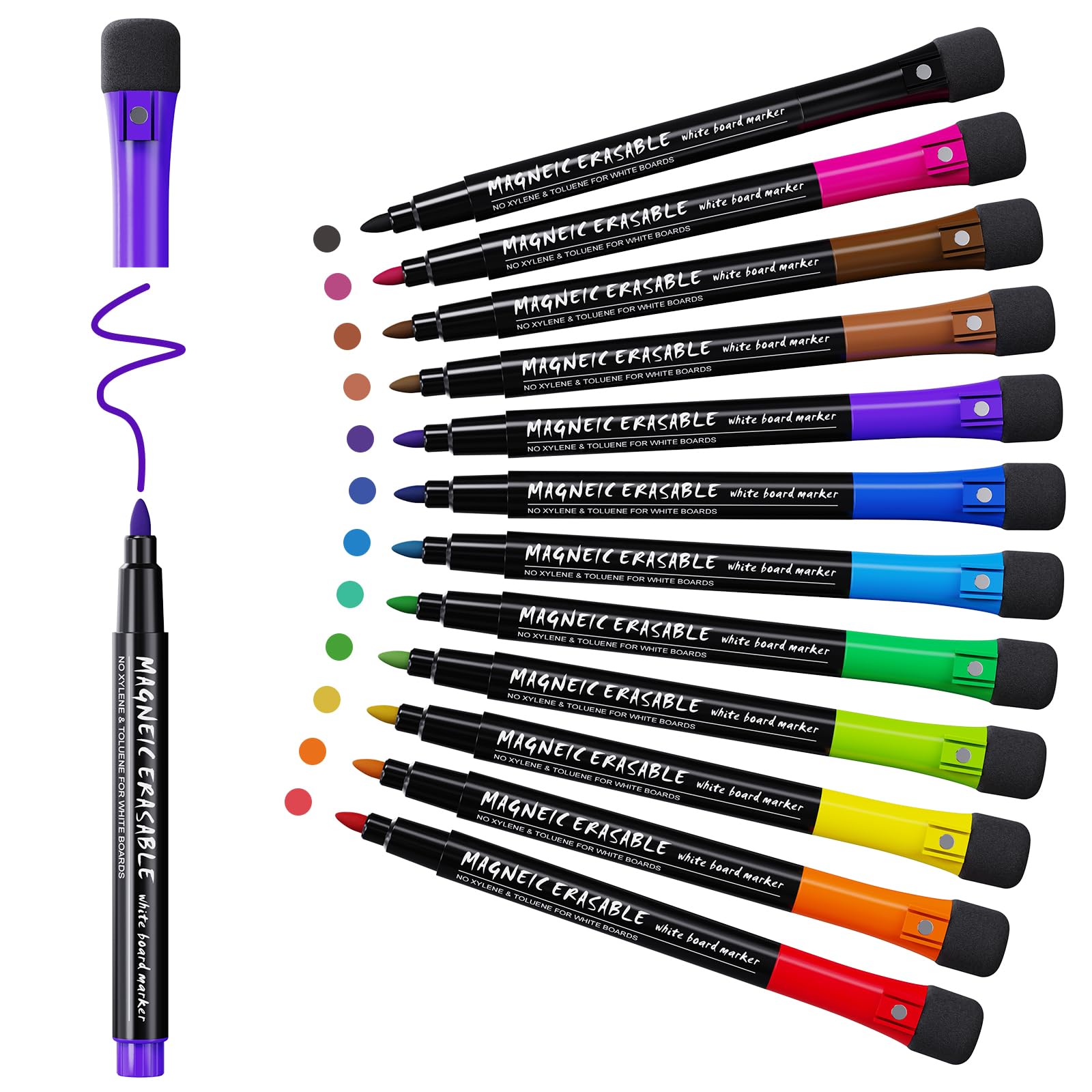 Whiteboard Pens Whiteboard Markers: 12 Magnetic Whiteboard Pens and Eraser set, Fine Tip White Board Pens Colour White Board Markers Erasable,Dry Wipe Markers Thin Whiteboard Pen Kids Dry Erase Marker