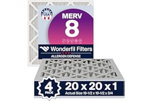20x20x1 MERV 8 Air Filter (4-Pack) | Wonderfil Filters | Pleated HVAC Design | Perfect Fit for AC & Furnace Systems | Actual Size: 19.5" x 19.5" x 0.75"