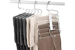 FAYLEEKO Upgraded Collapsible Pants Hangers Space Saving, 6 Layers Clothes Rack, Stainless Steel Multifunctional Closet Organizer, Non Slip Metal Hangers for Pants Jeans Skirts Trousers (2 Pack)