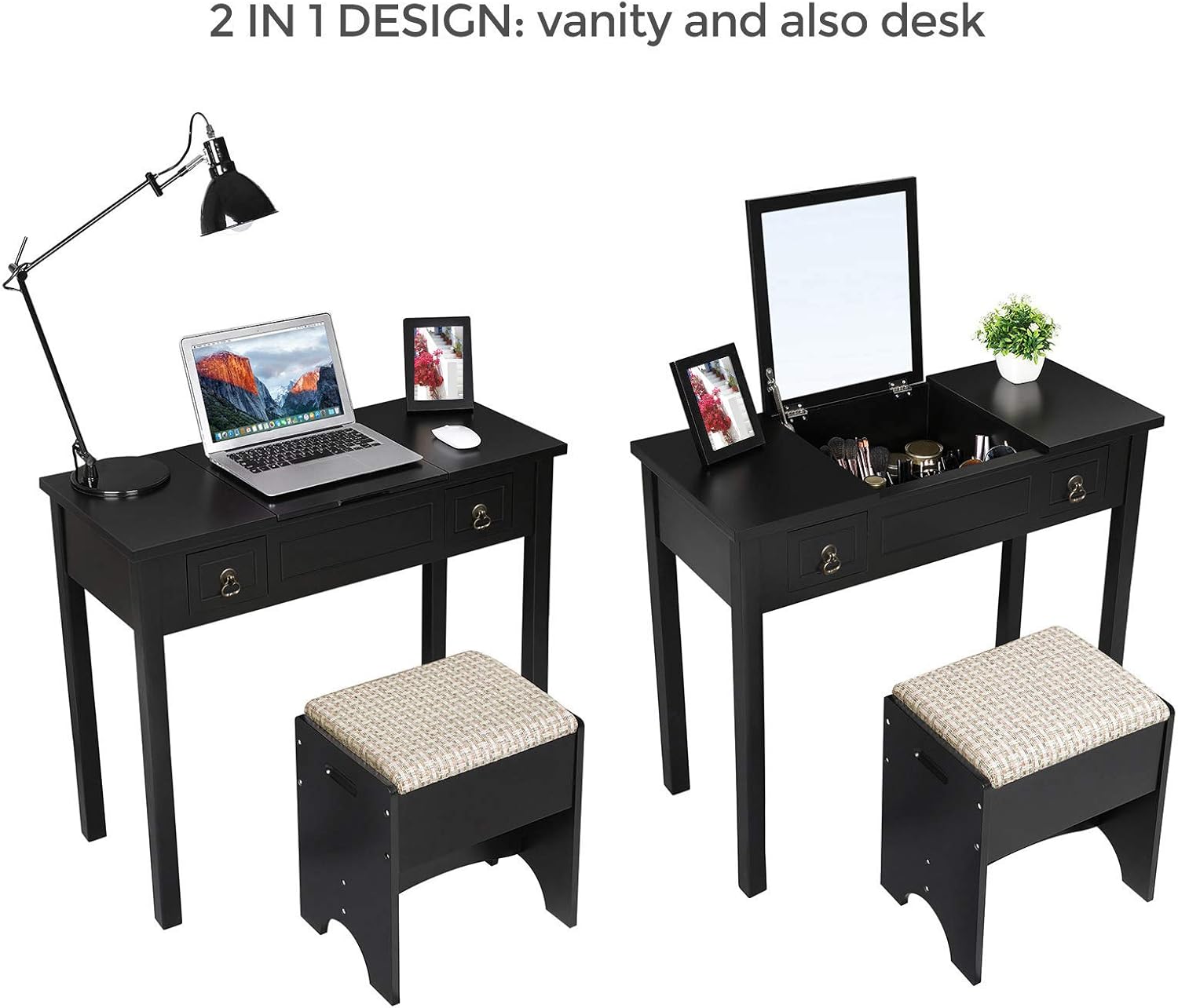 VASAGLE Vanity Set with Flip Top Mirror Makeup Dressing Table Writing Desk with 2 Drawers Cushioned Stool 3 Removable Organizers Easy Assembly, Black: Home & Kitchen