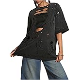 BEAUDRM Women's Cut Out Tees Vintage Distressed Half Sleeve T Shirt Crewneck Summer Ripped Tops