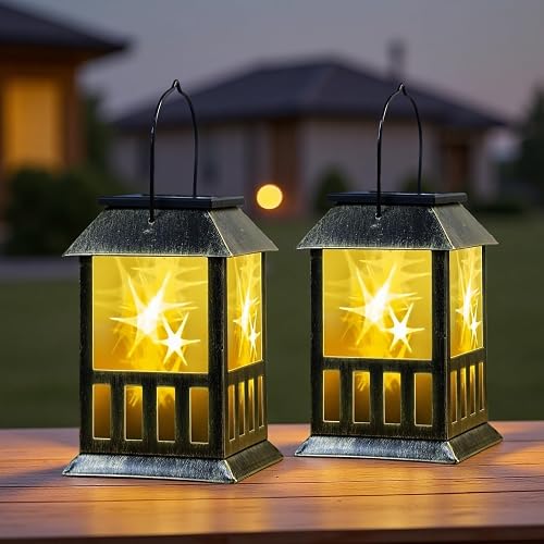 Solar Lights Outdoor Garden, 2 Pack Hanging Solar Lanterns with 3D Flickering LED, USB C Rechargeable, Waterproof Garden Ornaments for Pathway Patio Halloween Christmas Decor