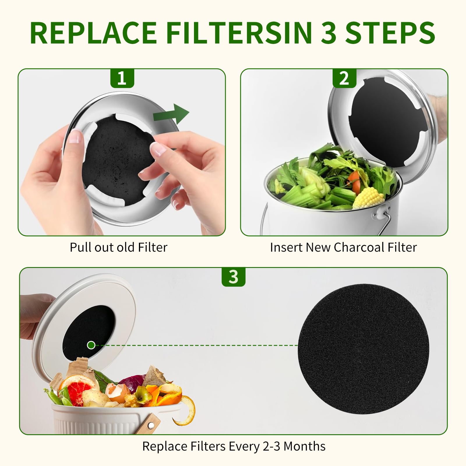 6.7 inch Kitchen Compost Bin Charcoal Filter Replacements, 12 Pack Compost Pail Replacement Carbon Filters 6.7 inch, Round Activated Compost Filters Countertop Bin Bucket