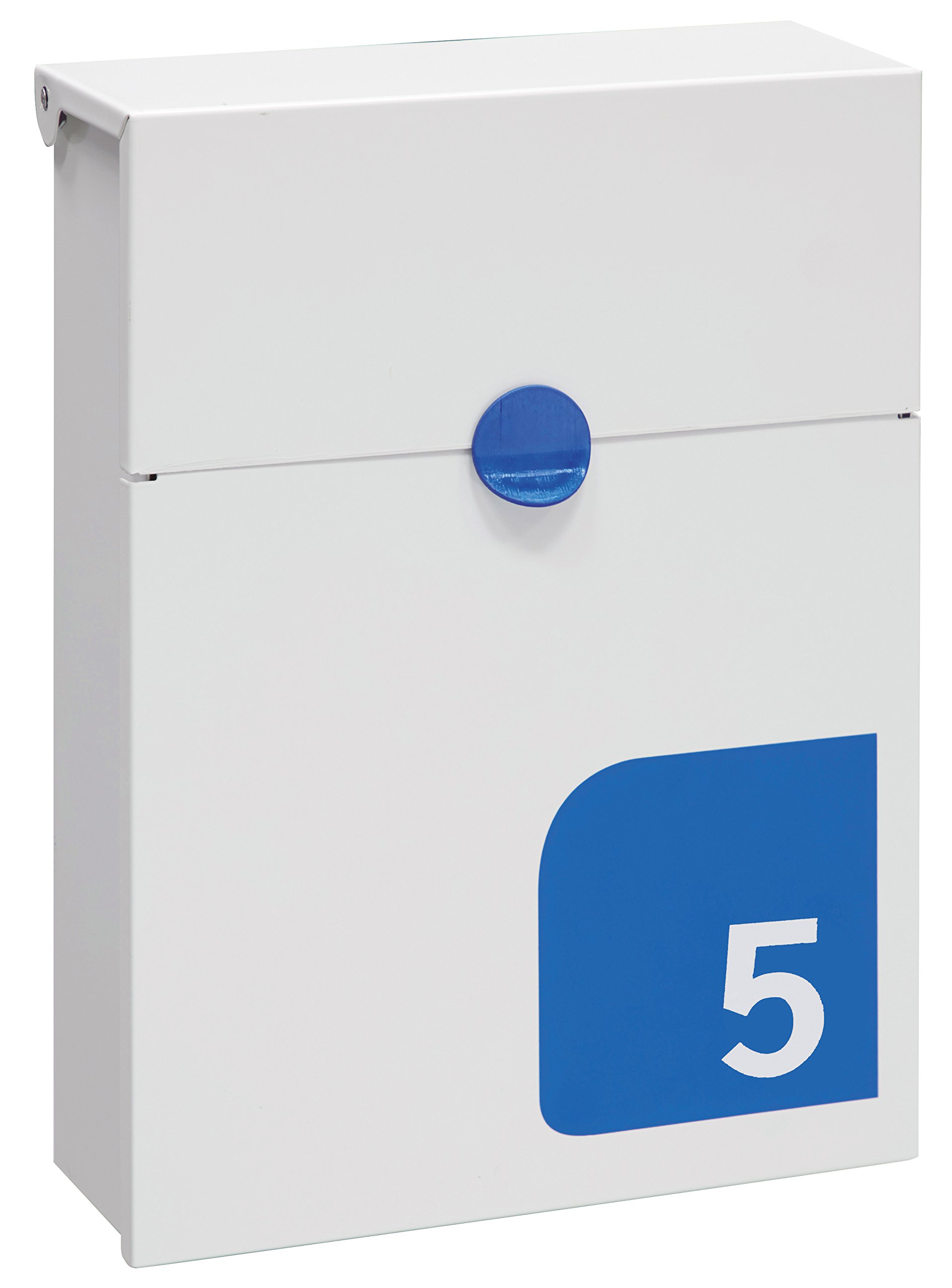 ARREGUI Tondo S E6721-BLU Steel Exterior Mailbox Size S (DIN A5) | Small Wall Mailbox | with Capped Mailbox Lock | Rainproof | with Customizable Housing Number | White and Blue