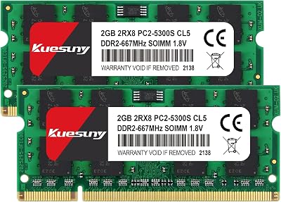 Kuesuny 4GB (2x2GB) DDR2 667MHz SODIMM Laptop RAM PC2-5300S 1.8V CL5 200-Pin