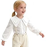 Girls Button Down Shirts Kids Long Sleeve Peter Pan Collar Lace School Uniform Shirt Blouse with Puff Sleeve White 2-7Y