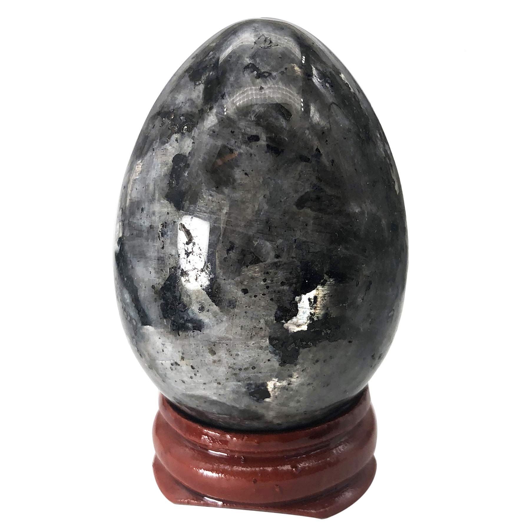 Ladeukoi Stone Egg Figurine, Polished Healing Crystal Easter Eggs Sphere Sculpture with Wood Stand, Natural Black Labradorite, 1.8"
