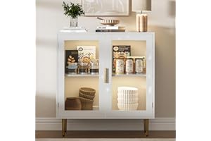 Housoul Buffet Cabinet with LED Lights, Sideboard Cabinet with 2 Doors Acrylic, 32" Modern Buffet Cabinet with Shelf, Coffee Bar Cabinet for Living Room, Kitchen, White