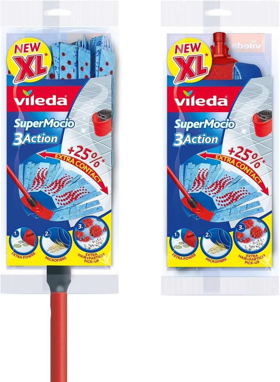 Vileda SuperMocio 3Action XL Mop with Spare Head Red Grey Blue 80-140cm