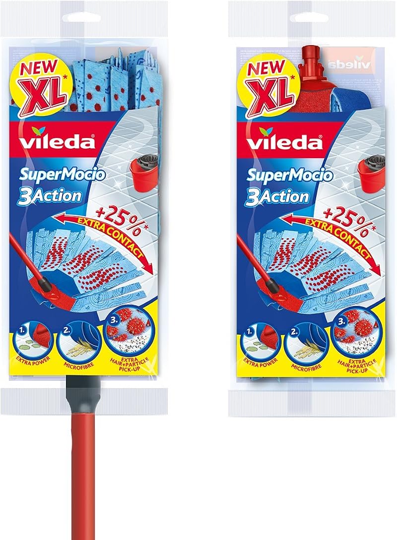 Vileda SuperMocio 3Action XL Mop with Spare Head Red Grey Blue 80-140cm