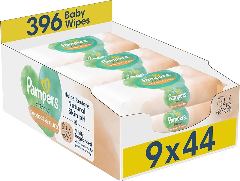 Pampers Harmonie Protect & Care Plastic Free Baby Wipes 396 Wipes 9 Packs