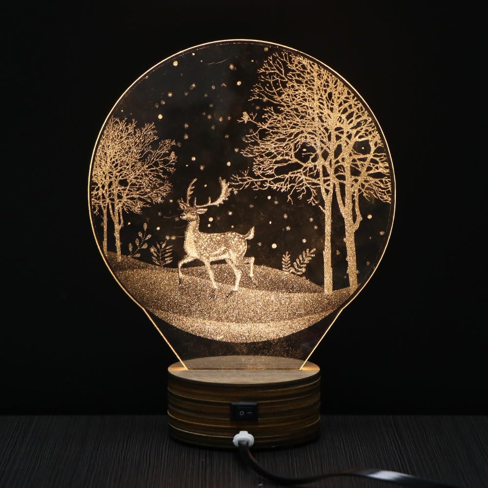 3D Creative Led Night Light, Konesky Wild Dear Tree Moon Night Lamp Acrylic Panel Wooden Base Light for Xmas Decor Birthday Kids Gift (Deer Pattern)