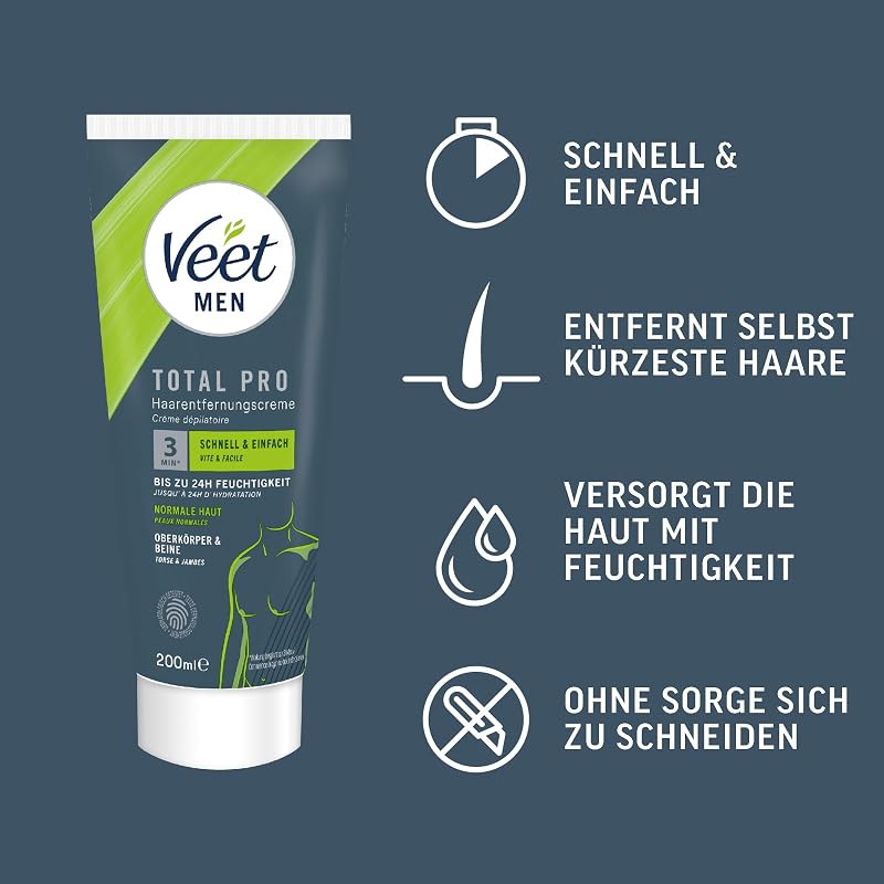 Men Haarentfernungscreme für Oberkörper & Beine - Enthaarungscreme für Männer, Haarentfernung in 5-10 Minuten - 200 ml Tube & Spatel
