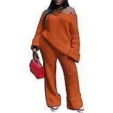 SHINFY Women's Sweater Set 2 Piece Fall Sets Chunky Knit Off the Shoulder Pullover Top Wide Leg Pants Loungewear