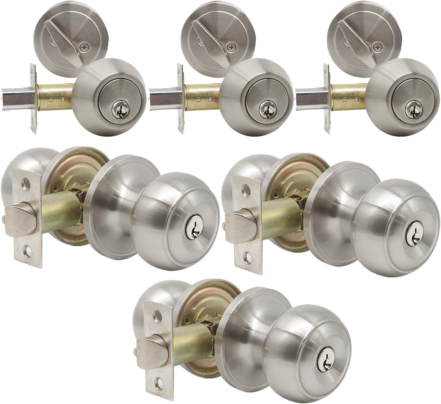 3 Pack Flat Ball Door Knobs and Single Cylinder Deadbolts Combination