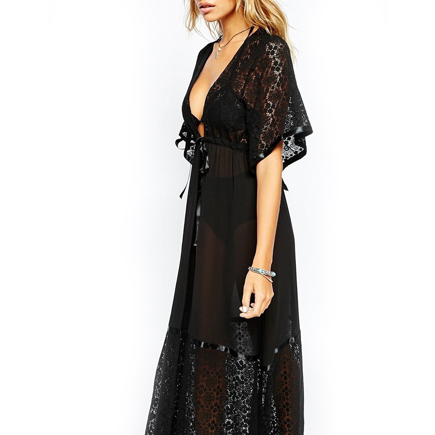 Fedpop Women's Floral Lace Chiffon Beachwear Swimsuit Cover Up Cardigan