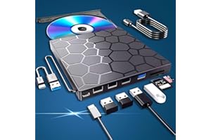 8-in-1 Ultra-Thin Portable CD/DVD Drive with USB 3.0 Type-C& SD Card Reader- Fast Data Transfer, Plug& Play for Laptops, Desk