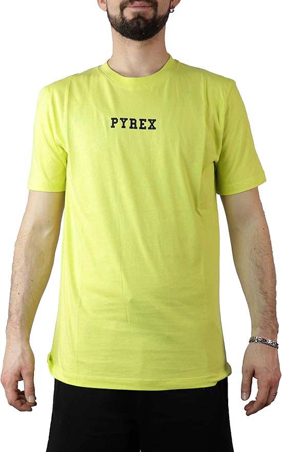 Pyrex Men&rsquo;s T-Shirt Lime Yellow Crew Neck Maxi Print with Logo on Back