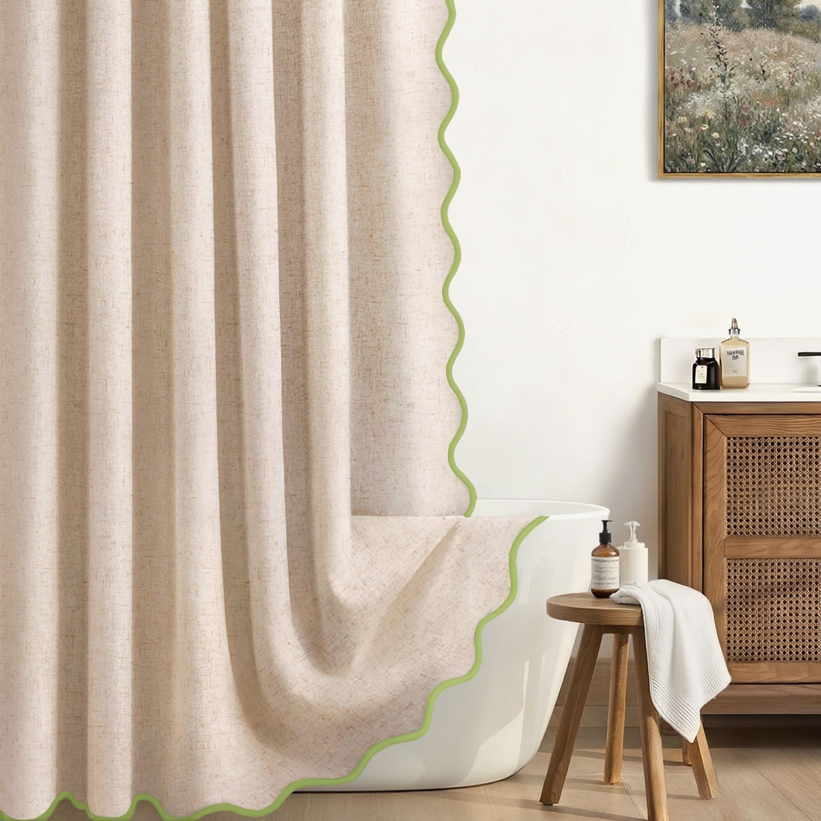 Photo 1 of XOGUIBO Linen Shower Curtain Flax Cream Cute Green Scalloped Boho Modern Shower Curtains for Bathroom Set, 72" W x 72" L