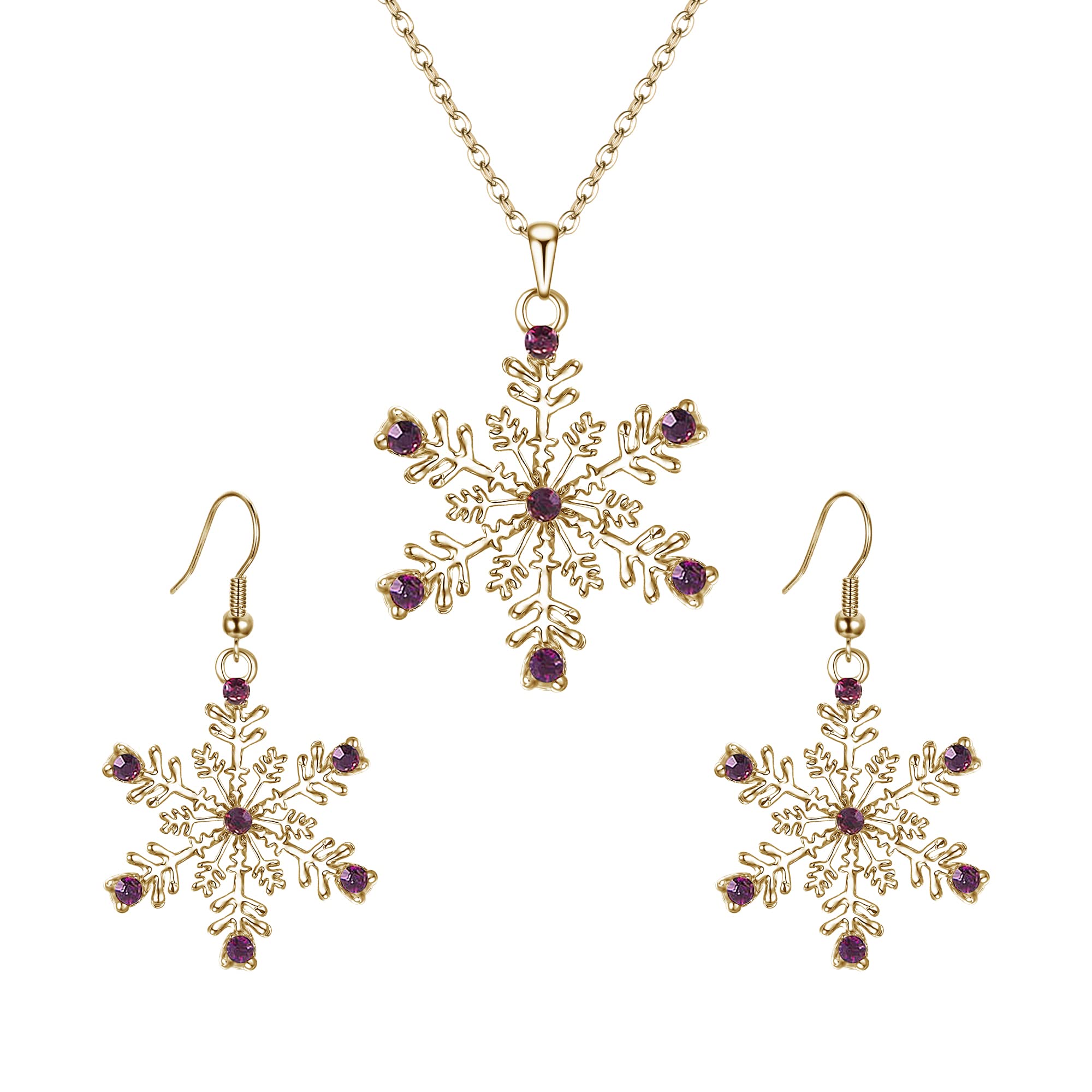 Ever Faith Winter Snowflake Necklace Earrings Set, Rhinestone Crystal Snowflake Jewelry Set Purple
