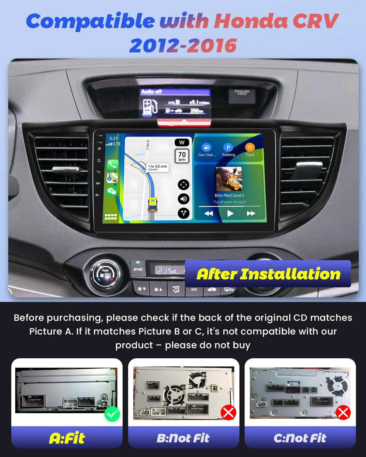 Compatibility check for Honda CRV 2012-2016 with back panel images A, B, C