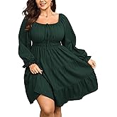 SHESTARR Women's Plus Size Dresses Square Neck Long Sleeve Tie Front Textured A Line Mini Dress