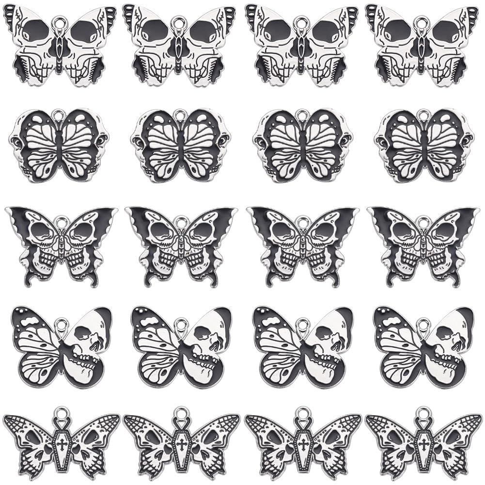SUNNYCLUE 1 Box 20Pcs 5 Styles Butterfly Charms Bulk Gothic Skull Charms Moth Skeleton Charm Enamel Black White Cross Halloween Insect Charm for jewellery Making Charms DIY Necklace Earring Adults