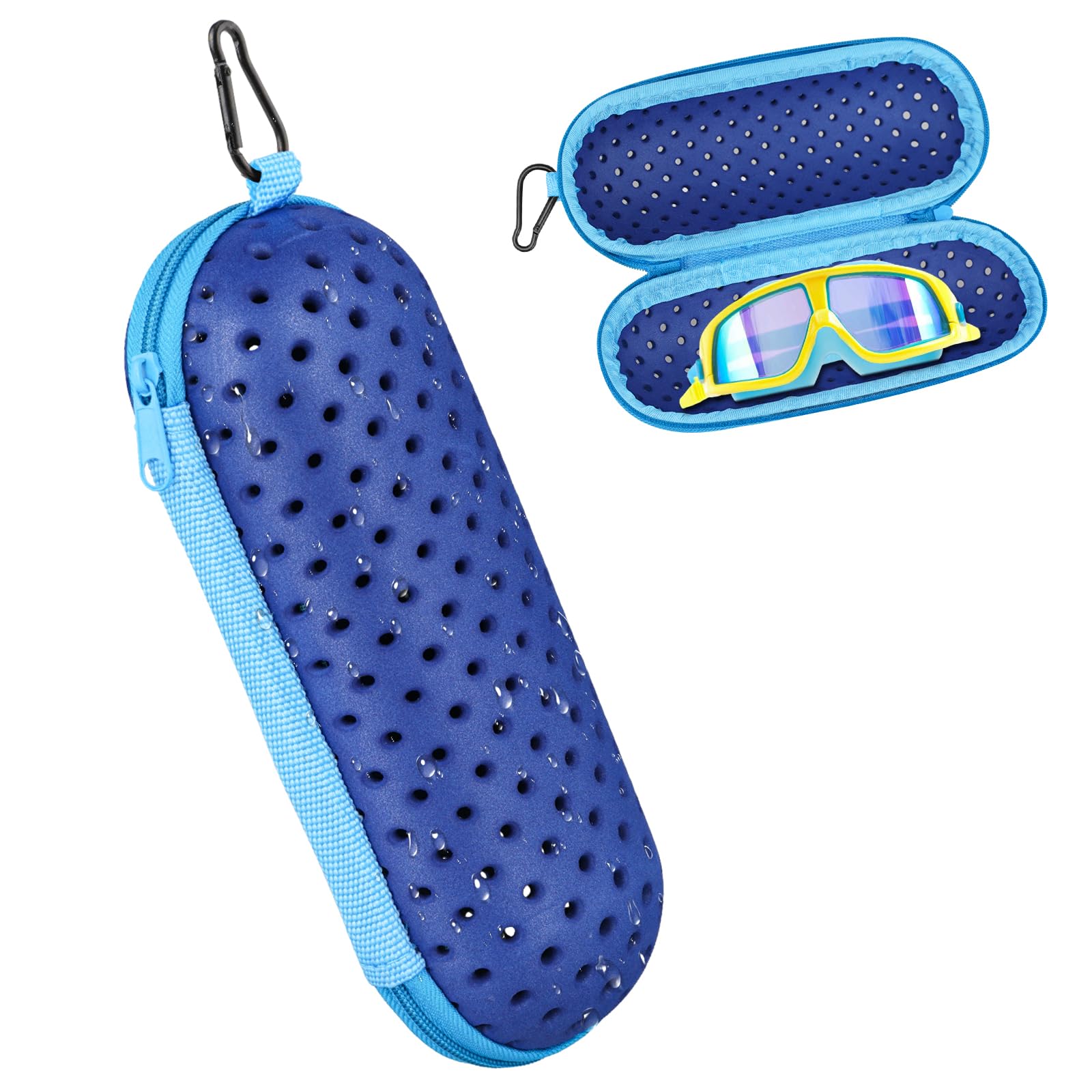 NQEUEPN Swim Goggles Case, EVA Soft Protective Cover with Clip, Portable Zipper, Dark Blue
