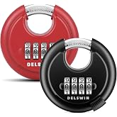 DELSWIN 4-Digit Disc Combination Lock, Black and Red | Outdoor, Heavy Duty, Hardened Steel Shackle, Weatherproof, 3/8" Shackle