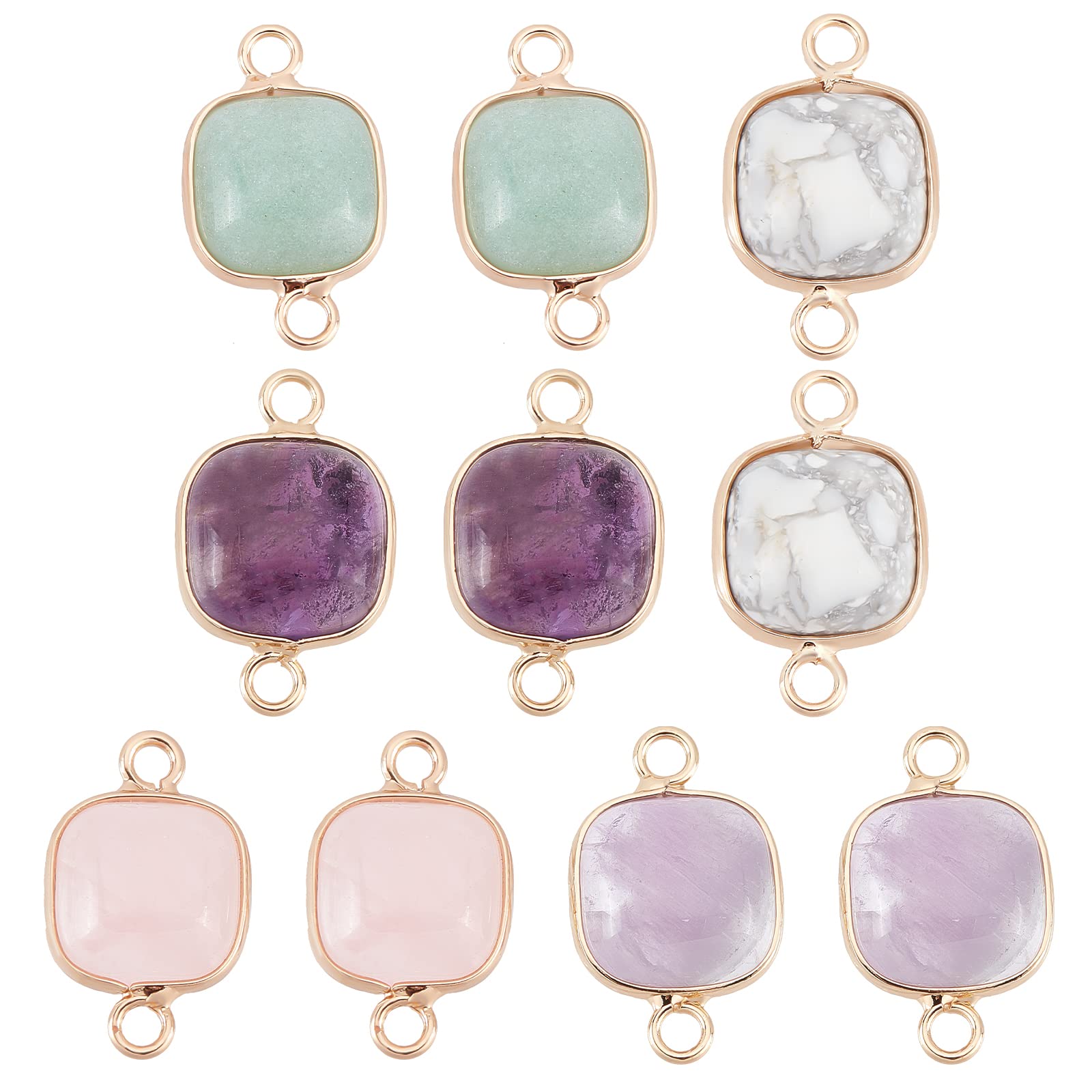 SUPERFINDINGS 10pcs 5 Style Natural Stone Square Gemstone Links Connectors Amethyst Crystal Gemstone Links with Gold Brass Edge Wrapped for Jewelry Making