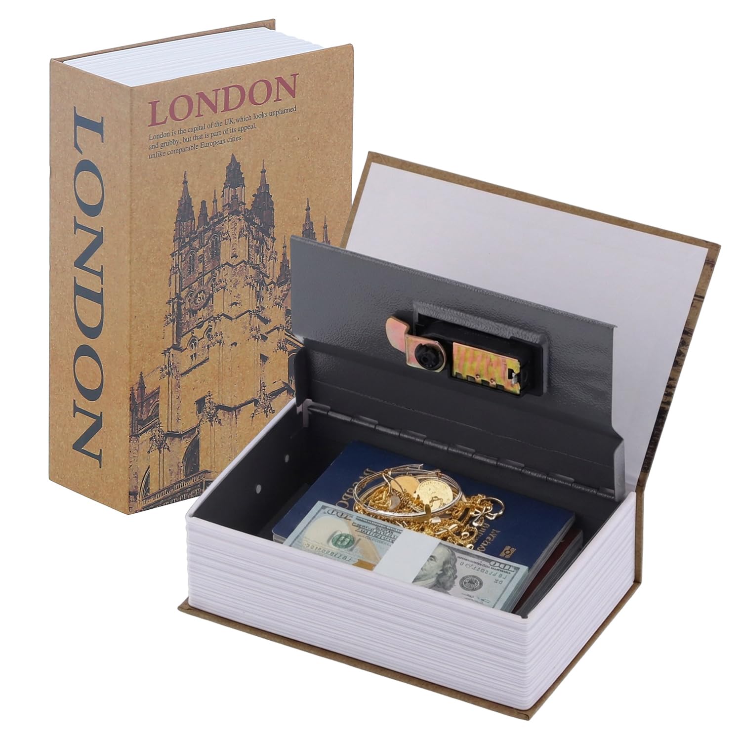 Real Pages Book Safe with Combination Lock, 7.1 x 4.6 x 2.2 in London Book Hidden Diversion Safe Lock Box Steel Code Lock Storage Box for Cash Jewelry