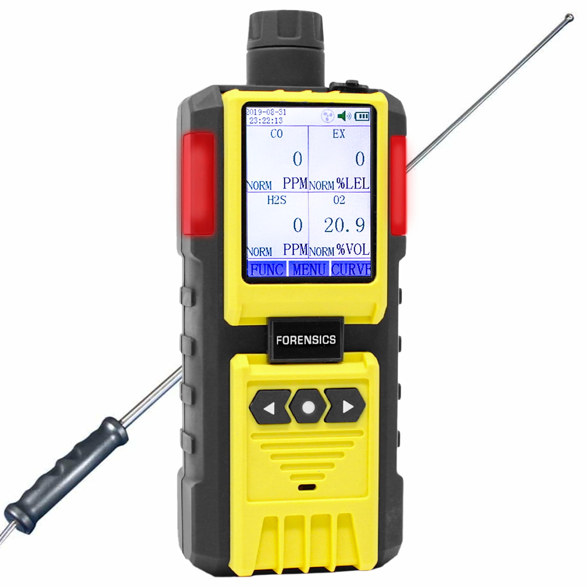 4-Gas-Messgerät mit Pumpe und Sonde | EU-Kalibrierzertifikat | Integrierte Pumpe und 4-Fuß-Sonde | Sauerstoff (O2), Kohlenmonoxid (CO), Schwefelwasserstoff (H2S), EX%UEG