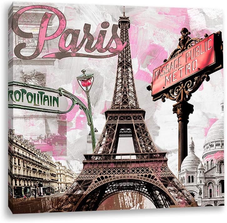 Decor MI Canvas Wall Art Romantic Pink Paris Eiffel Tower Square Wall Art 12x12 Inch Printed Canvas Wall Decors for Kids Girls Bedroom Living Room Bathroom