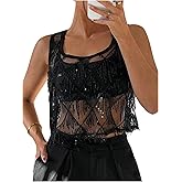 Floerns Women's Sparkly Sequin Mesh Sheer Top Y2k Sleeveless Square Neck Party Club Tank Tops