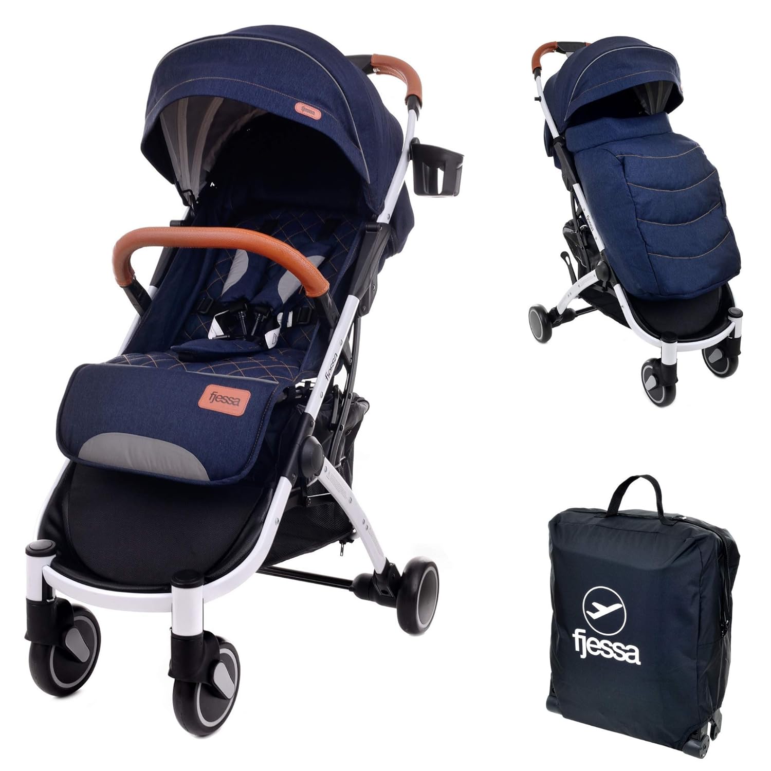 FJESSA Sky Comfort Leichter Kinderwagen, Kinderbuggy, Buggy Sportwagen, Legeposition, Legefunktion Sitzbuggy, Klappbar, im Set: Regenschutzfolie, Insektenschutznetz und warmer Fußsack (Dunkelblau)