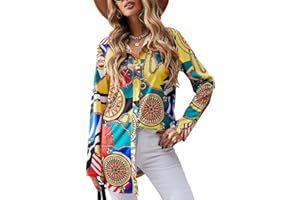 GLOZEPLUS Shirt Dresses for Women Sexy Tops Button Down Shirts Dress Colorful Collar Blouses Long Sleeve Floral Print Loose T-Shirt