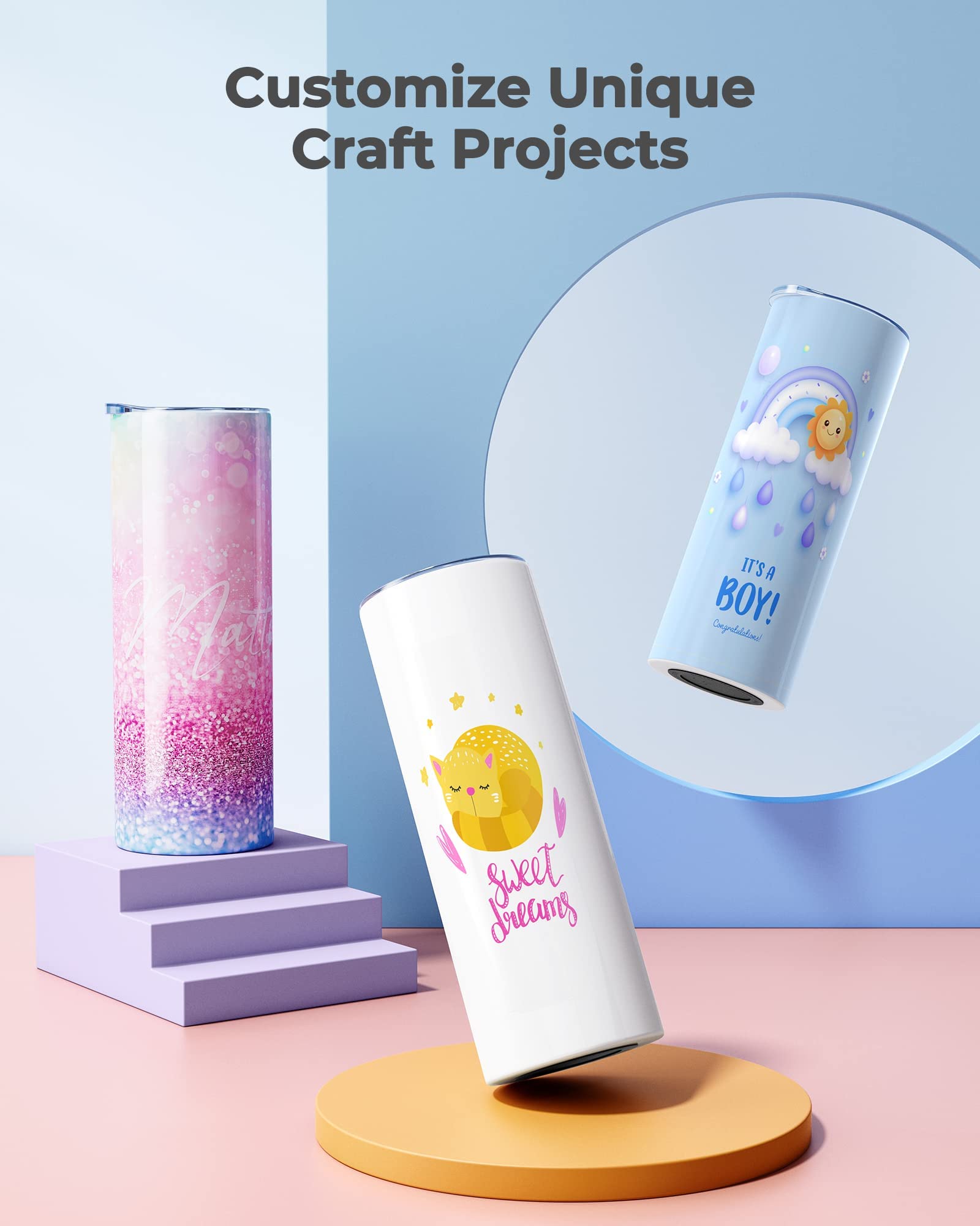 Hiipoo 8 Pack Sublimation Tumblers Blank 20 oz Straight Skinny with Sublimation Papers, Lids and Straws, Shrink Wrap Films, Stainless Steel Double Wall Insulated Tumbler for Mug Press Machine