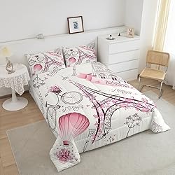 Eiffel Tower Couple Comforter Set Queen Size Pink