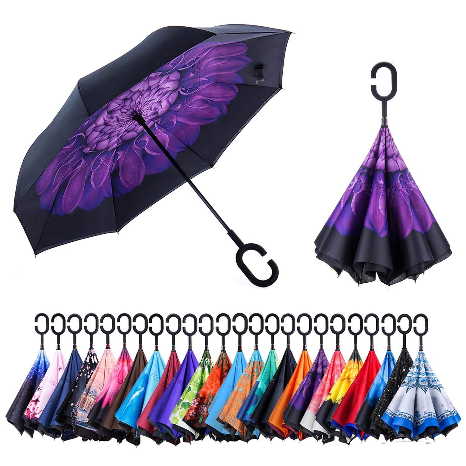 Double Layer Inverted Umbrella Cars Reverse Open Folding Umbrellas, Windproof UV Protection Large Self Stand Upside Down Straight Umbrella for Golf Women and Men with C-Shaped (Violets)