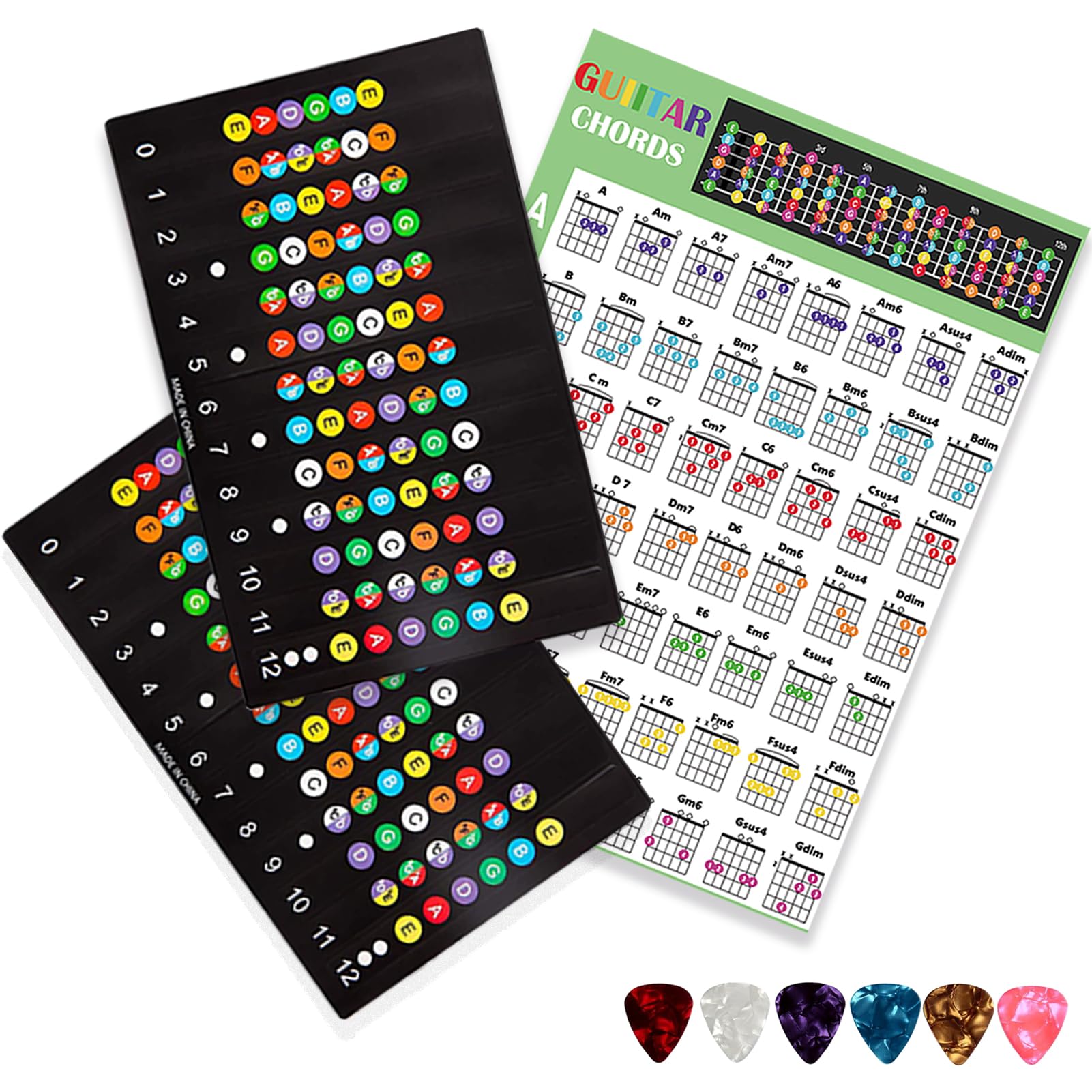 Guitar Fretboard Stickers, with Guitar Chord Chart,Color Coded Note ...