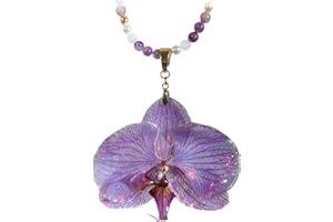 TAMI Dije Orquídea Natural con Collar de Amatista, Cuarzo Rosa y Perla Mallorca en Baño de Oro - Regalo de Joyería Ideal para Mujer