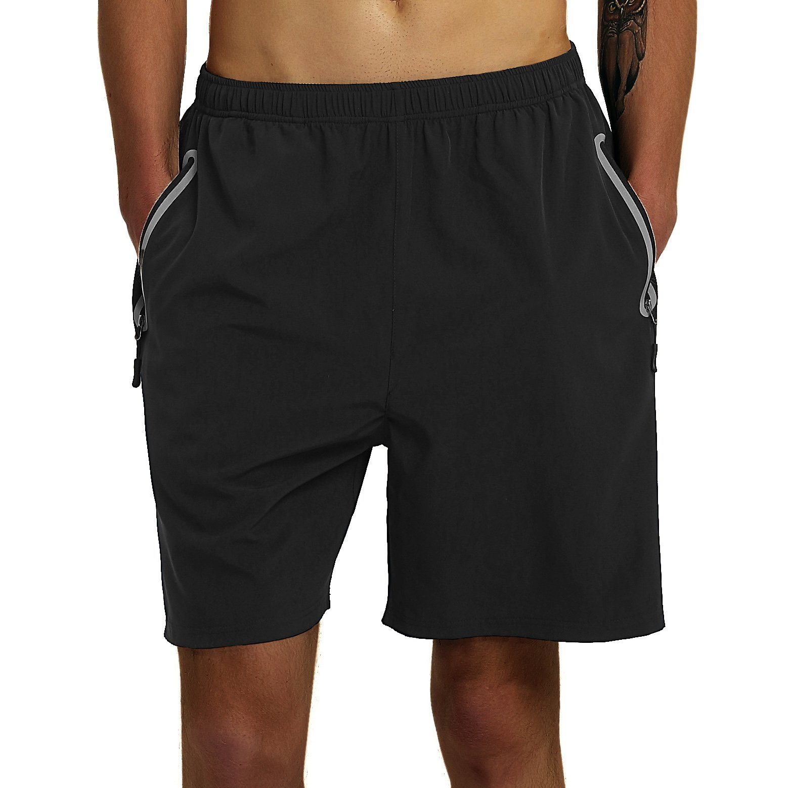 SuperArt Men\'s Gym Shorts Outdoor Sports Running Beach Shorts Lightweight Quick Dry Shorts Reflective with Zipper Pockets (Black, Medium)