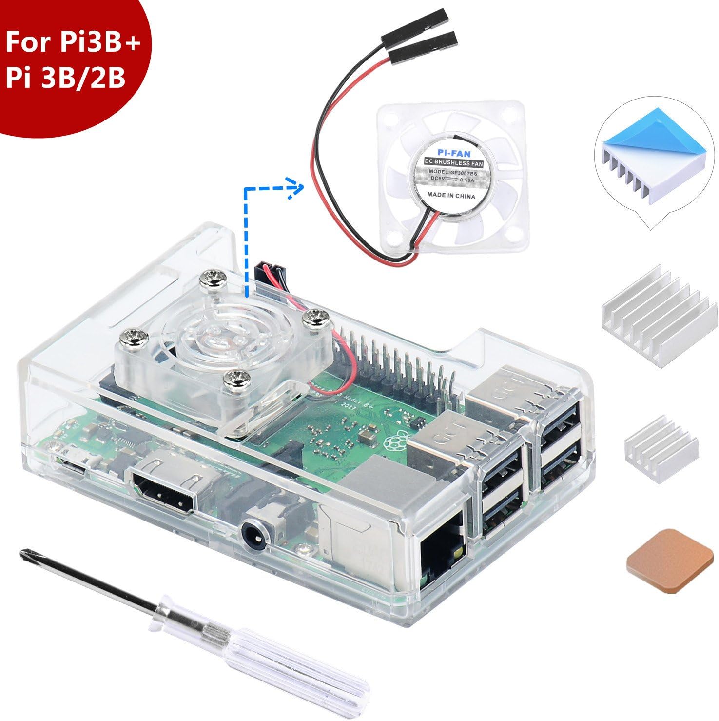 MakerFun Case for Raspberry Pi 3 Model B+ (B Plus), with Raspberry Pi Cooling Fan and 3PCS of Raspberry Pi Heatsink for Raspberry Pi 3/2 Model B (Not Include Raspberry Pi Board) (Clear)