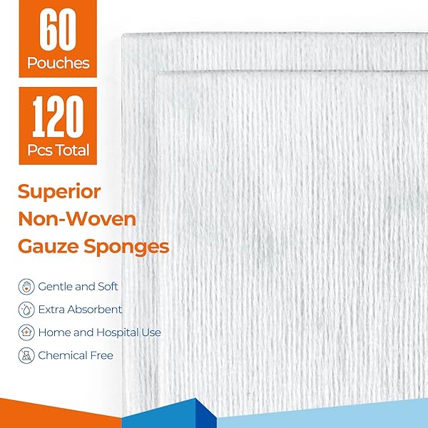 KINGSTAR STERILE NONWOVEN GAUZE PADS, 4″X 4″ WOUND DRESSING, 60 PACKS – 120 PIECES SUPERIOR SOFT SPONGE PADS, HIGHER ABSORBENT GAUZE COMPRESSES FOR TRAUMA OR POST-OPERATIVE WOUND CARE