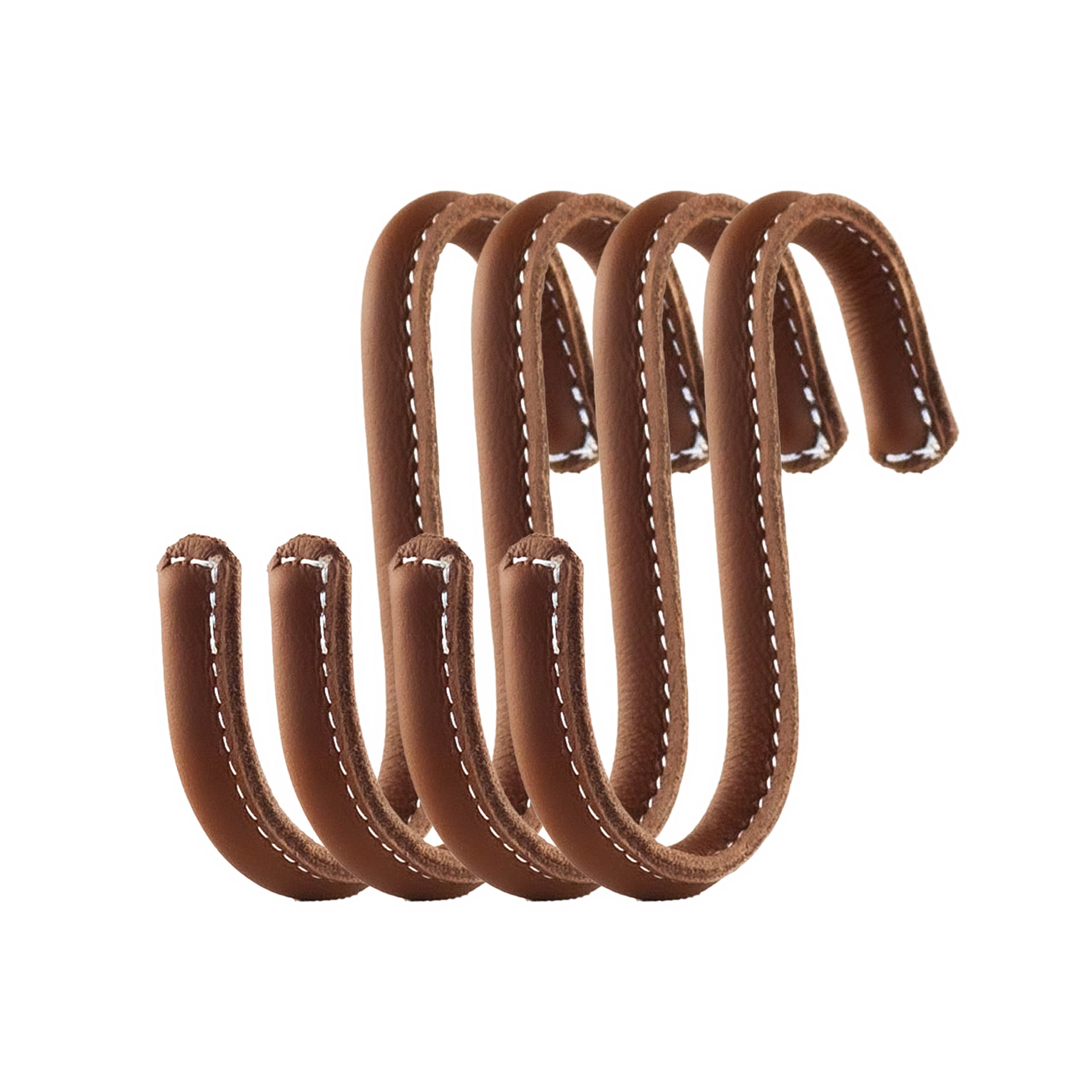 Brute Strength - S Shaped Hooks Wrapped in Full Grain Leather - 4 pcs - Cognac - 10 cm Stainless Steel Metal Hangers Hanging Hooks for Kitchen, Work Shop, Bathroom